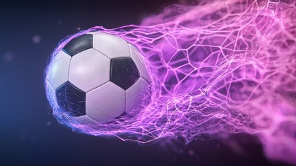 Fototapeta premium Surreal and dynamic of a soccer ball striking a glowing and electric energy field in a dark night sky creating dramatic light trails and a futuristic fantasy atmosphere
