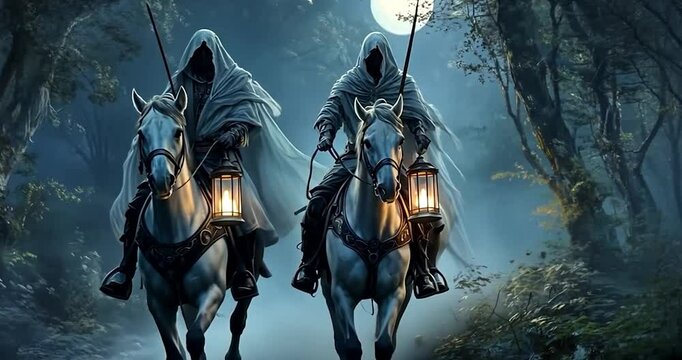 Mysterious Hooded Riders on Horseback Carrying Lanterns in a Dark Enchanted Forest

