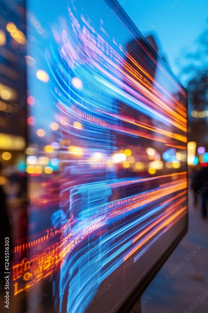 Aufkleber Dynamic Urban Digital Display with Vibrant LED Graphical Data Streams - Modern Tech for Smart City Communication and Real-Time Event Updates