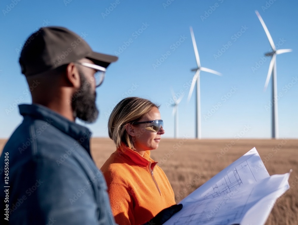 Poster sustainable energy solutions multicultural engineers analyzing blueprints in wind farm - green techn