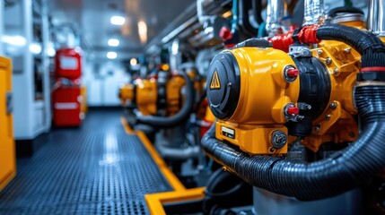 Fototapeta premium The Engine Room of a Massive Cargo Ship With Technical Equipment and Machinery for Powering and Maintaining the Vessel During Cargo Transportation and Logistics