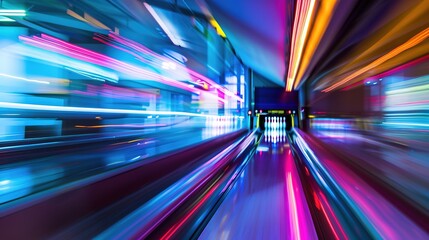 A vibrant neon bowling alley where motion blur adds an exciting dynamic, combined with modern lighting that creates a lively and energetic atmosphere. The vivid neon colors and the sense of movement