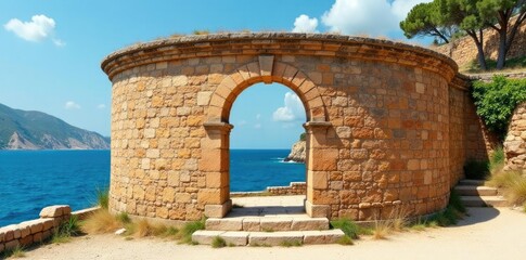 Ancient rotunda in Avola, Sicily with Mediterranean sea, terra cotta, arco, marmo