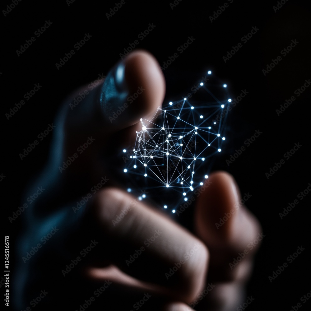 Fototapete Holographic Network Interface Hand Navigating Virtual Grid of Luminous Nodes - Tech Industry Visualization and Digital Innovation for Business Optimization