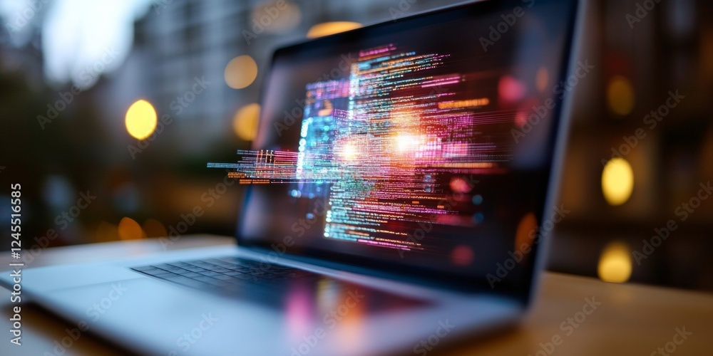 Poster Futuristic Holographic Tech Interactive Data Visuals on Sleek Laptop for Innovative Business Solutions in Digital Workspaces - Enhancing Modern Productivity