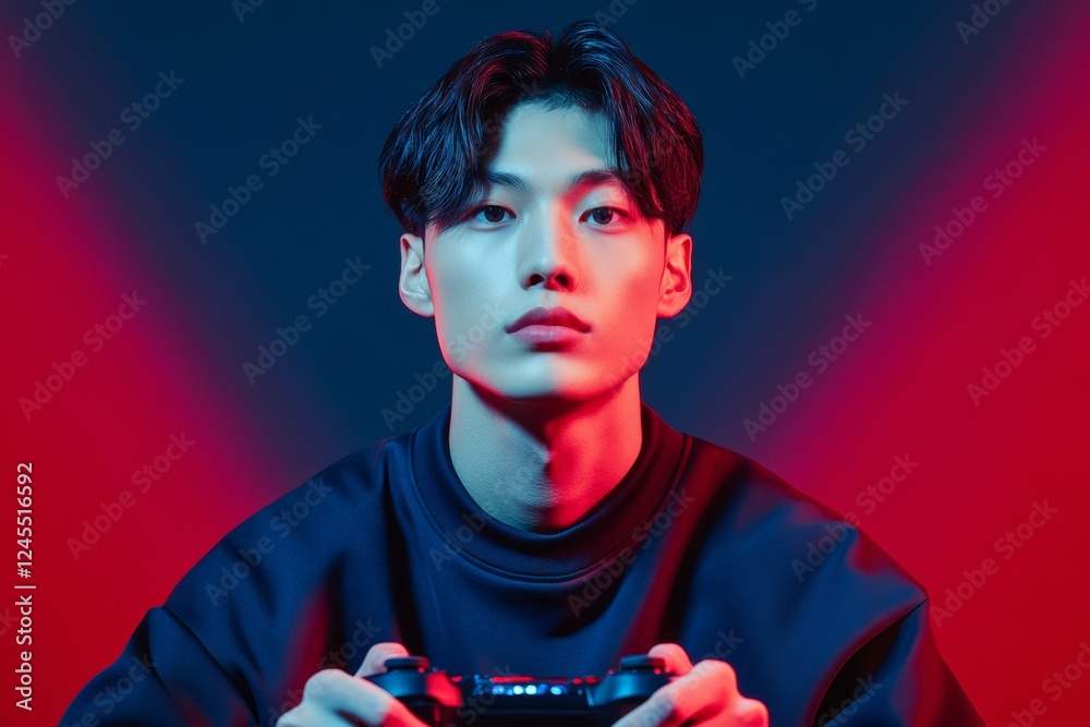 Poster neon gaming realm focused pro gamer in led-illuminated studio - cutting-edge content creation and e-