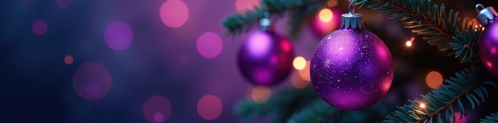 Obraz premium Twinkling purple glass ornament on a Christmas tree branch, purple glass balls, holiday lights
