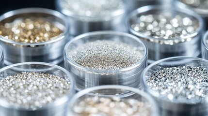 Close-up view of various metallic beads in transparent containers, showcasing a spectrum of silver and gold hues