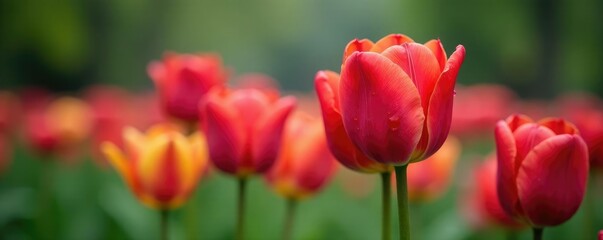 Tulips in a garden with blurry background and raindrops, garden backdrop, droplets on tulips