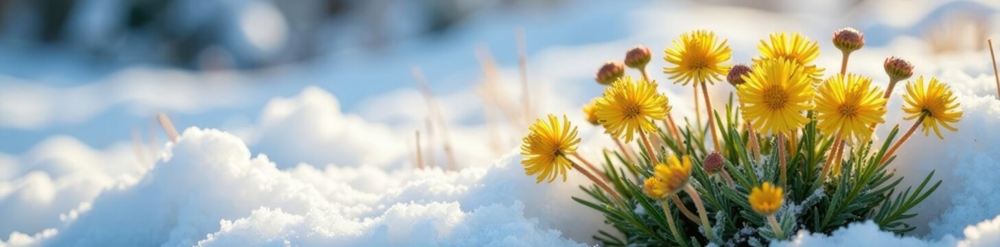 Tussilago farfara flower clusters exposed under thawing snow, winter interest, groundcover, frozen landscape