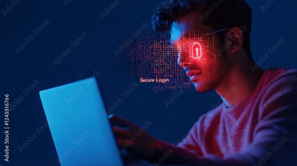 Poster modern cybersecurity in tech-driven workspace young indian male with laptop, secure login interface 