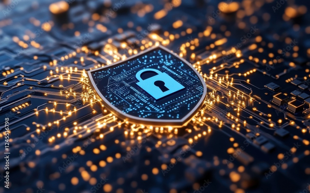 Poster digital security shield with glowing lines and circuit patterns representing technology, data protec
