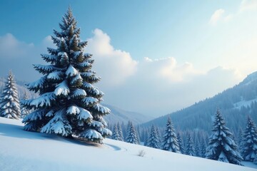 Fototapeta premium Towering spruce tree rises above the snowy forest landscape, winter wonderland, towering spruce, frosty branches