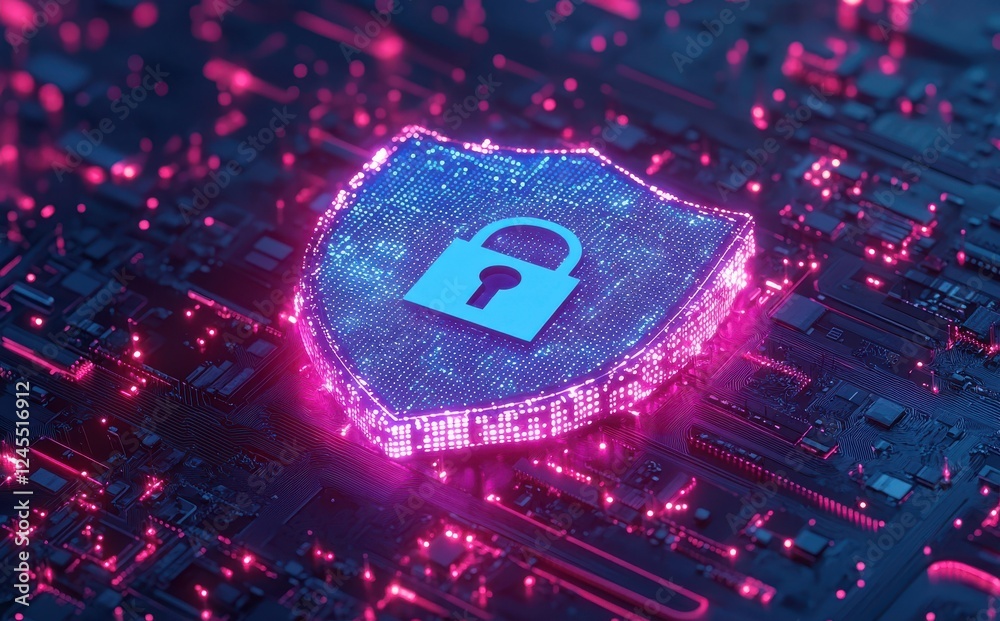 Poster digital shield with lock symbol on circuit board background representing cybersecurity and data prot