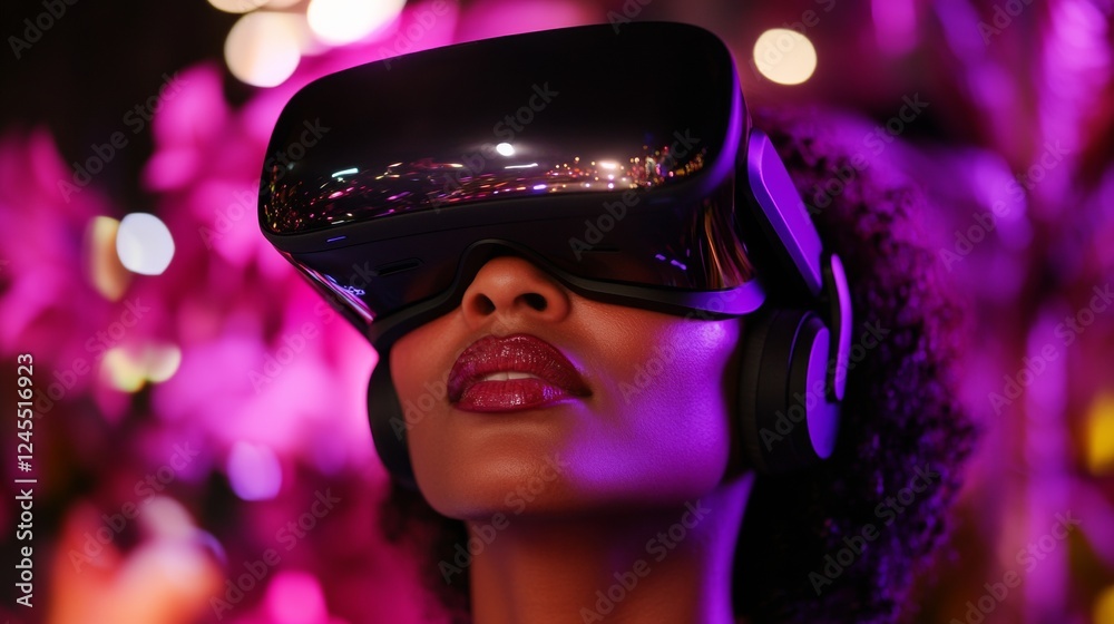 Poster vibrant vr experience futuristic innovation with vr headset and neon ambience - diversity in tech ma