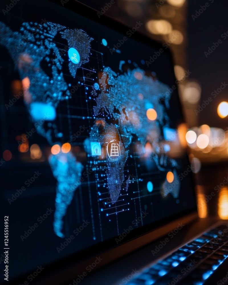 Poster Dynamic Global Connectivity Display Digital Map Interface with Futuristic Data Points on LED Screen - Advanced Tech Solutions for Business Intelligence and Data Visualization