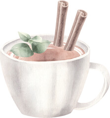 Watercolor mug of hot tea with mint leaf and cinnamon rolls isolated. Vector illustration for decorate.