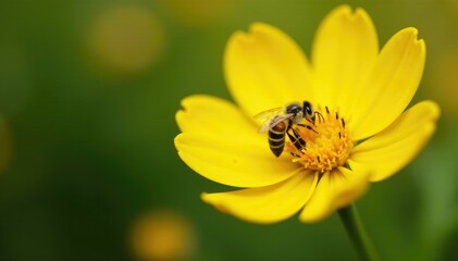Tiny bee collecting nectar from bright yellow petals, nature, blossom