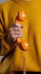 hand holding orange old telephone 