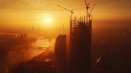 Sunset view over city skyline, tall buildings silhouetted against orange sky, reflection on water, tranquil atmosphere.