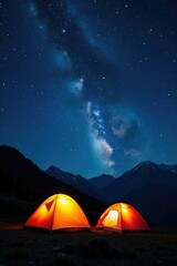 Tents under a starry night sky with twinkling lights, tents, starry night