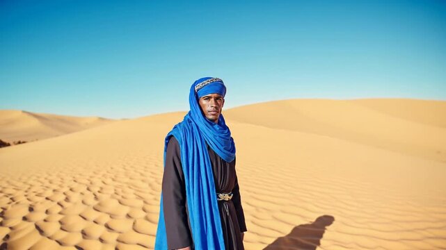 Confident Tuareg male wearing traditional indigo blue turban standing in sun drenched Sahara Desert, embodying cultural heritage and nomadic pride