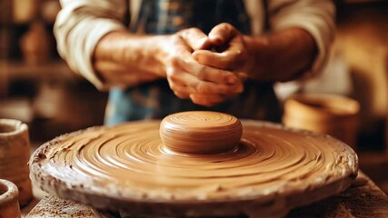 Potter expertly molds clay on a spinning wheel, demonstrating traditional craft techniques in a warm, artisanal studio setting