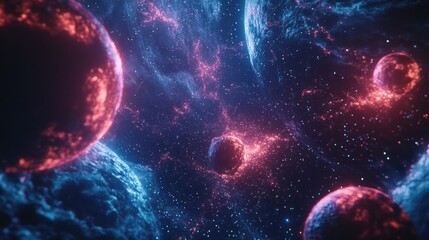 Glowing nebula with planets and cosmic dust.