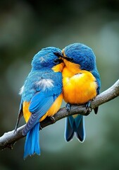 Obraz premium Vibrant Blue and Yellow Birds Cuddling on Branch Wildlife Photography