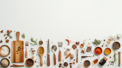 minimalist kitchen setup featuring utensils, spices, and herbs arranged neatly. clean layout emphasizes culinary creativity and organization