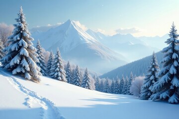 Snow falls gently over the snow-covered hills and trees in a quiet landscape, , peaceful scene