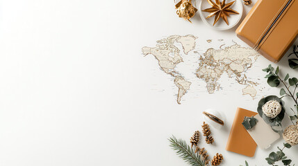 travel themed flat lay featuring world map, suitcases, and decorative items evokes sense of adventure and exploration