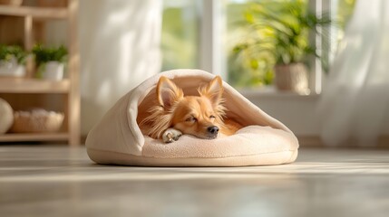Fototapeta na wymiar Adorable puppy dog sleeping peacefully and comfortably curled up on soft bedding in sunlit room with window view Concept of domestic pets animals and relaxation at home