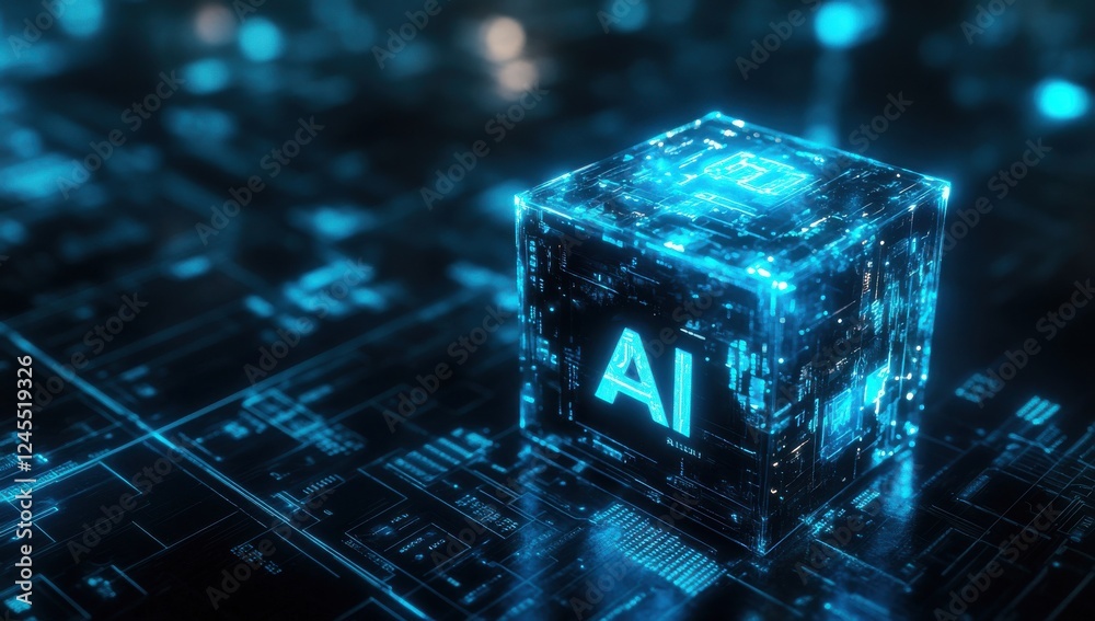 Aufkleber futuristic 3d cube with ai text surrounded by glowing circuit patterns and digital data representati