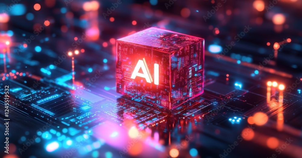 Poster futuristic 3d render of a glowing ai concept block on a digital circuit board in neon colors with ab