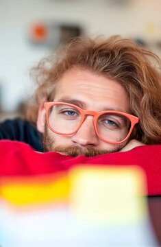 Professional male employee experiencing workplace burnout, resting head on desk while analyzing documents with weary expression and lack of motivation