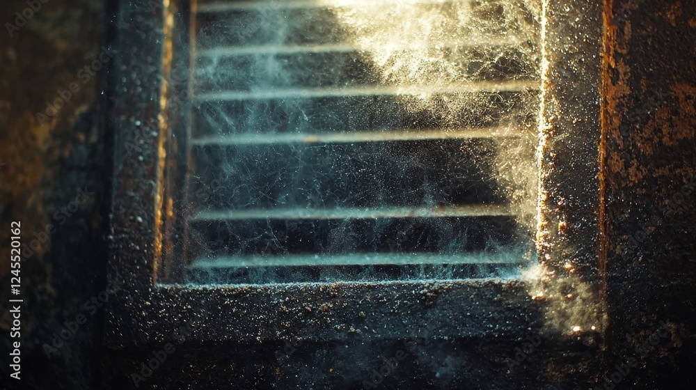 Poster Sunlight filters through a dusty vent, casting ethereal beams across the neglected interior. Dust particles swirl in the air, creating an atmosphere of forgotten stories and hidden secrets