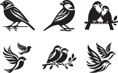 Expressive Sparrow Silhouettes on Branches, Symbolizing the Diversity and Freedom of Birds