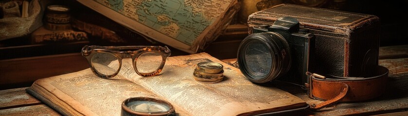 Vintage camera, compass, glasses, map & book on wooden table. Travel memories