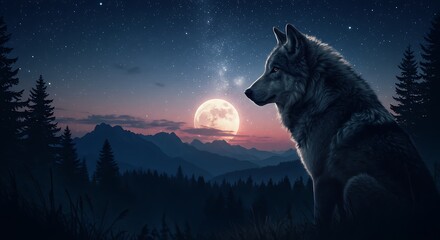 Majestic Wolf Silhouette at Night Under Full Moon