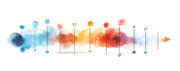 Colorful abstract timeline with watercolor splashes and arrow design, representing progress, development, and creative growth.