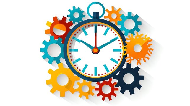Colorful clock and gears illustration representing time management and efficiency concepts. Dynamic design for business and productivity themes.