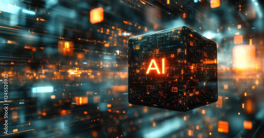 Fototapete Futuristic AI Cube with Glowing Text in a Dynamic Computer Network Environment Showcasing Data Movement and Digital Connectivity