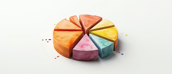 Colorful pie chart made of cake slices, each slice in a different vibrant shade, isolated on a white background.