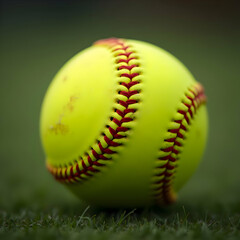 A detailed photo of a softball, showcasing its texture, red stitching, and smooth surface