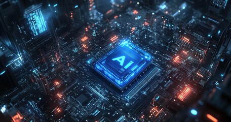 Obraz premium Futuristic AI Microchip with Glowing Components in a High-Tech Cityscape Environment