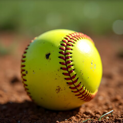 A detailed photo of a softball, showcasing its texture, red stitching, and smooth surface