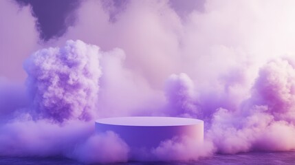 Purple cloud smog float fog vapour stand podium product display air theme sky night fume smoke light feather violet pedestal place fashion and cosmetic skincare or beauty products. 3D Illustration.