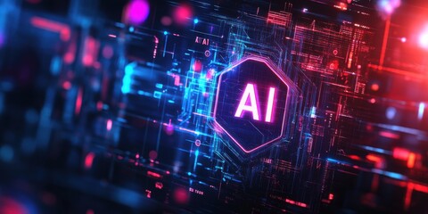 Fototapeta premium Futuristic AI Technology Background with Neon Lights and Circuit Patterns for Digital Innovation and Artificial Intelligence Concepts