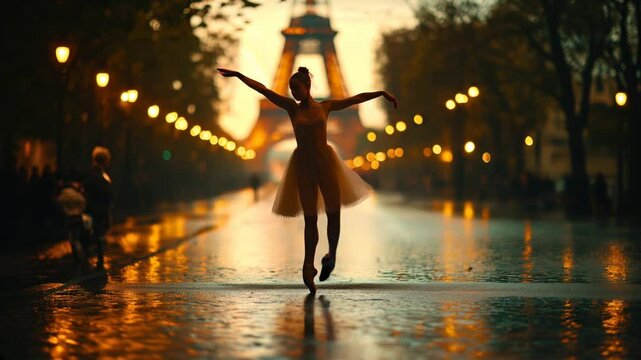 Graceful ballerina performing various ballet poses on a rain soaked street in Paris, with the illuminated Eiffel Tower as backdrop